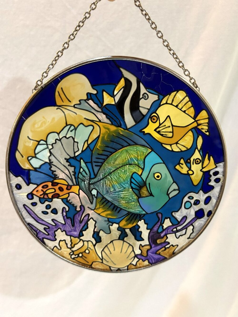 Joan Baker Hand Painted Stained Glass Tropical Fish Suncatcher Window Decor